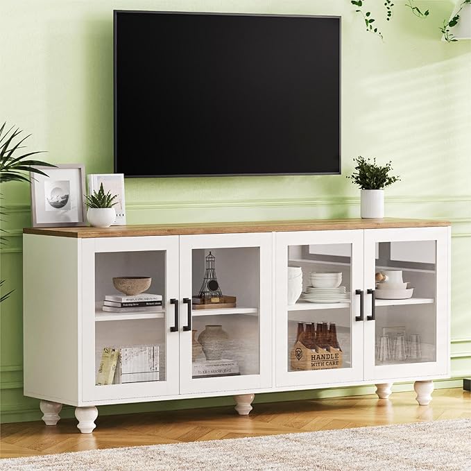 Farmhouse TV Stand with Tempered Glass Doors for TVs up to 70'', Entertainment Center with Adjustable Shelves, Buffet Cabinet with 5 Solid Wood Gourd-Shaped Legs for Living Room, White
