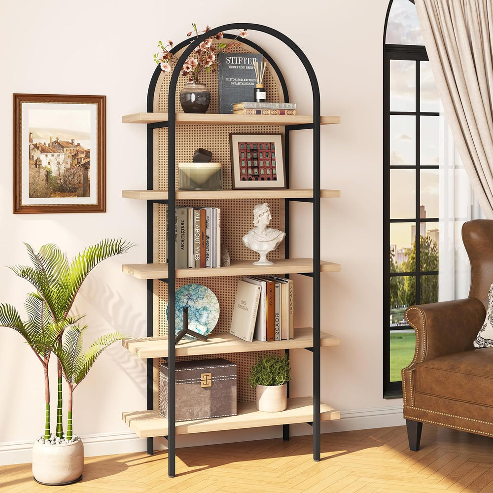 Yusong Bookshelf Rattan 5 Tier Arched Bookcase, 74" Tall Industrial Open...