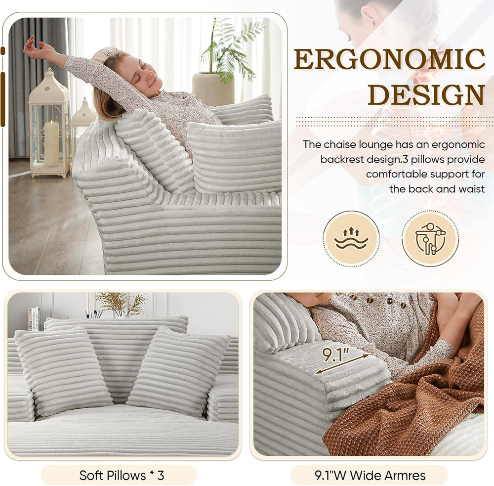 Oversized Chaise Lounge Chair Indoor,50"W Upholstered Corduroy Sofa w/ 3...