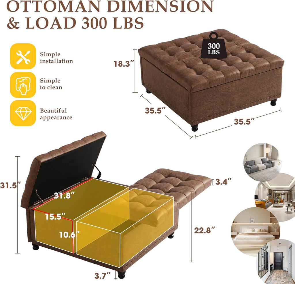 36" Large Square Ottoman with Storage, Tufted Upholstered Storage Ottoman with Lift Top & Solid Legs for Bedroom Room, Extra Large Coffee Tables Bench for Living Room as Footstool (Brown)