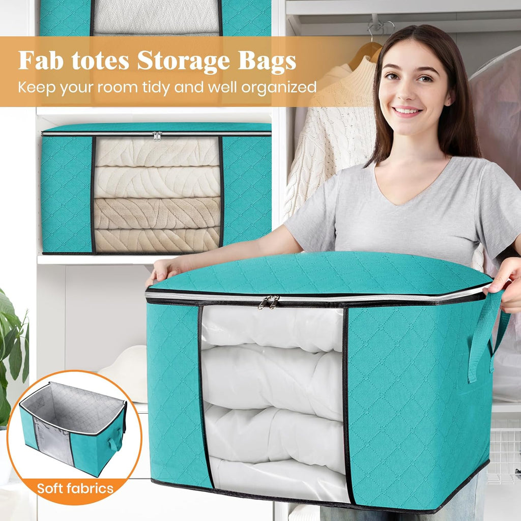 Fab totes 24 Gallons Clothes Storage, Foldable Thick Fabric Blanket Storage Bags, Containers for Organizing Bedroom, Closet, Clothing, Comforter, Organization with Handle (8 Pack,Green)