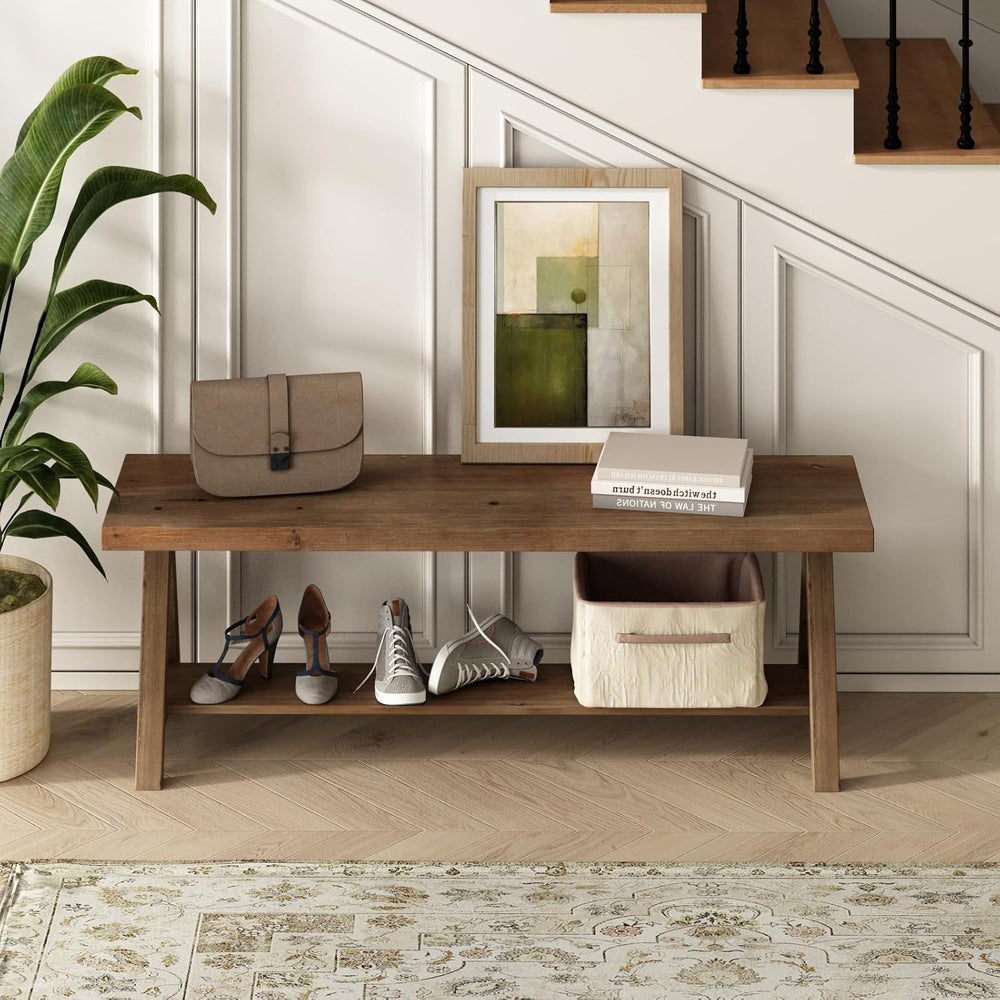 RowyPoey 51" Solid Wood Bench, Long Farmhouse Entryway Bench with Storag...