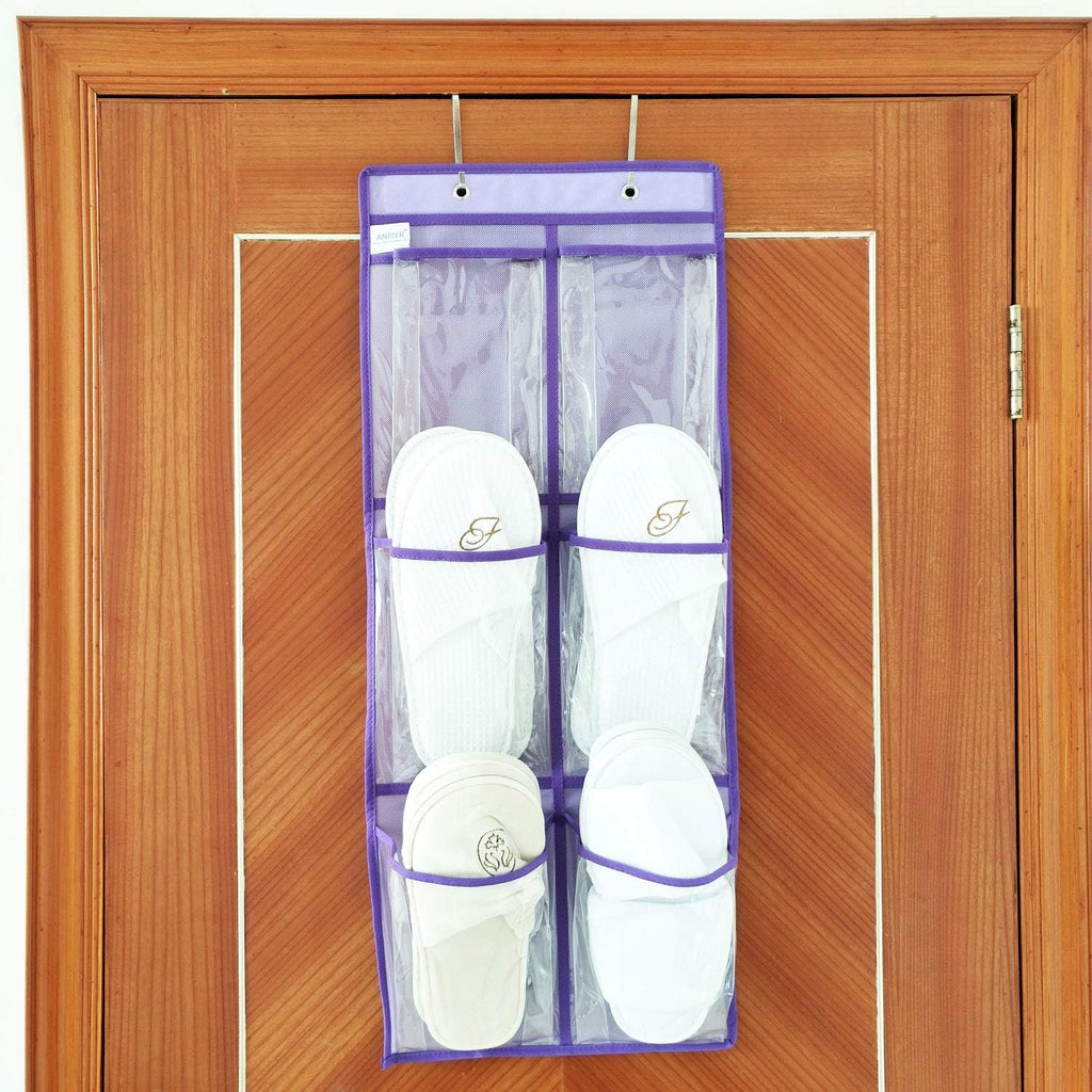 Over The Door Hanging Shoe Organizer Narrow Closet Door Shoe Storage 6 Large Clear Pockets Chart 2 Pack (PURPLE)