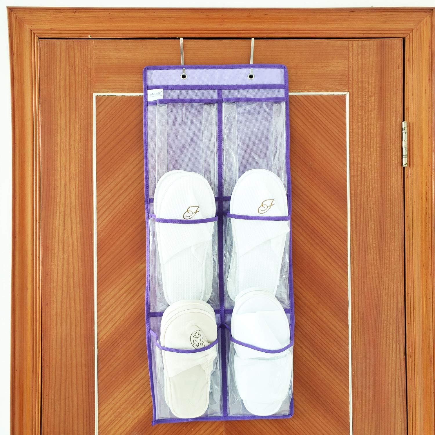 Over The Door Hanging Shoe Organizer Narrow Closet Door Shoe Storage 6 Large Clear Pockets Chart 2 Pack (PURPLE)