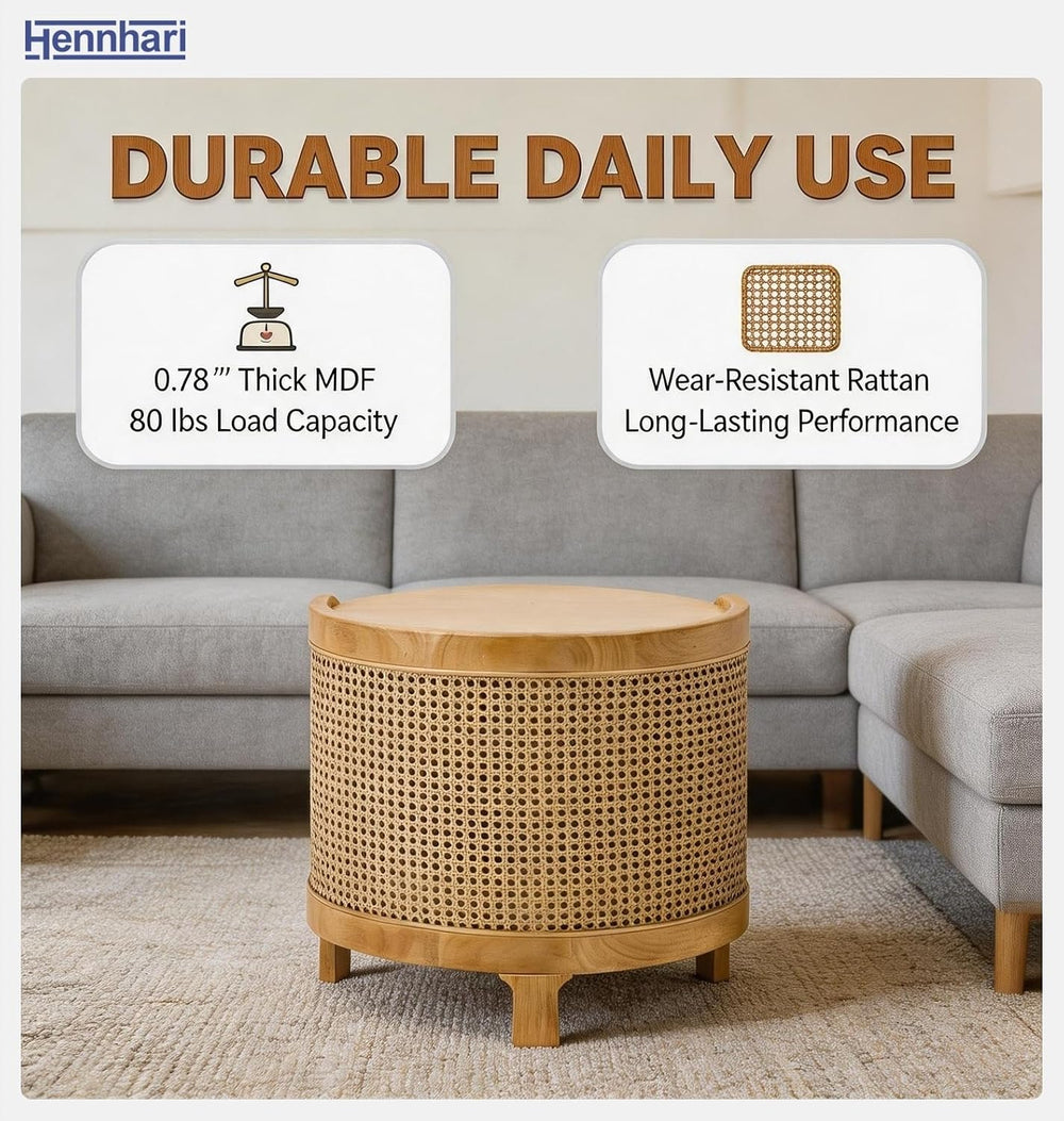 Acacia Wood Rattan Coffee Table, Side Table with Woven Cane Doors, Round End ...