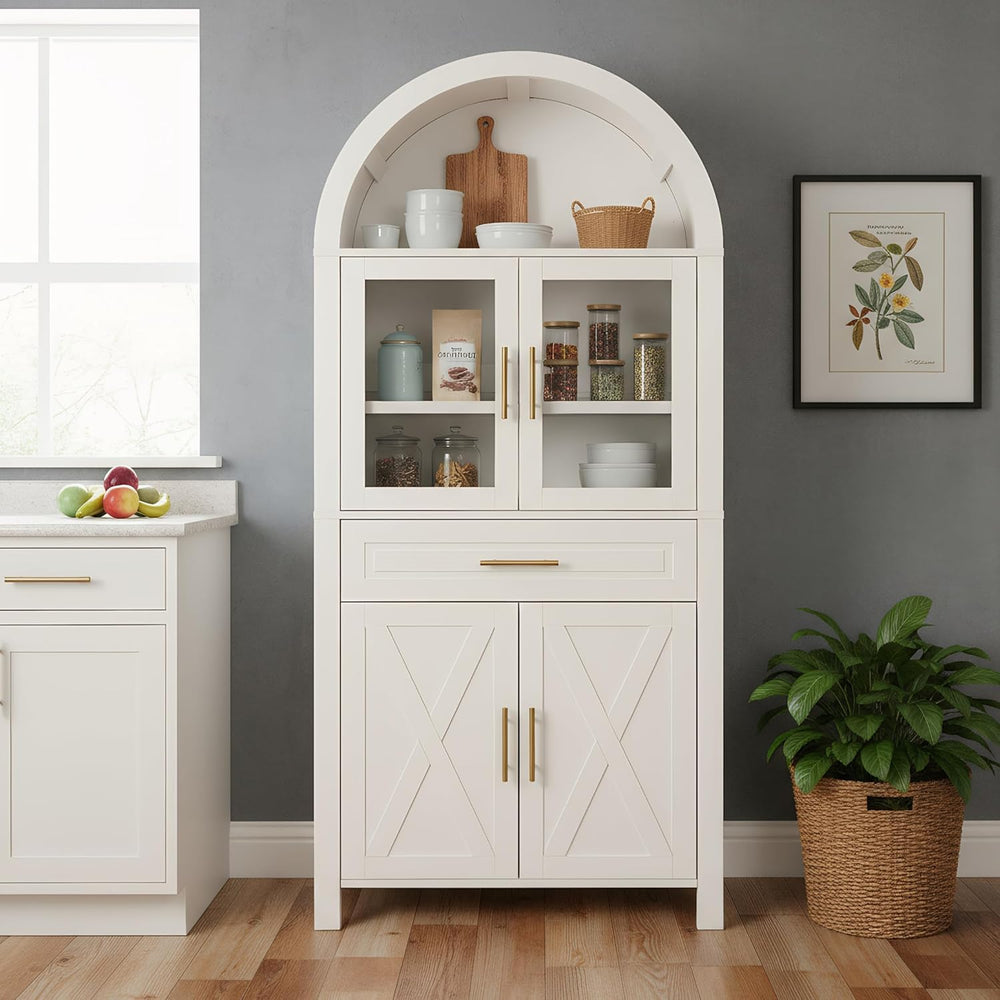 roomfitters 71" Tall Arched Farmhouse Pantry Cabinet with Glass Barn Doo...