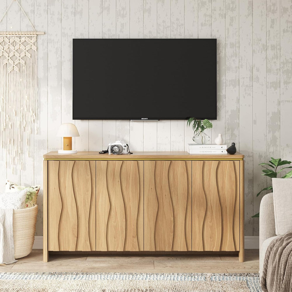 Vabches Fluted Buffet Cabinet with Storage, 3D Ripple Pattern Doors and Curve...