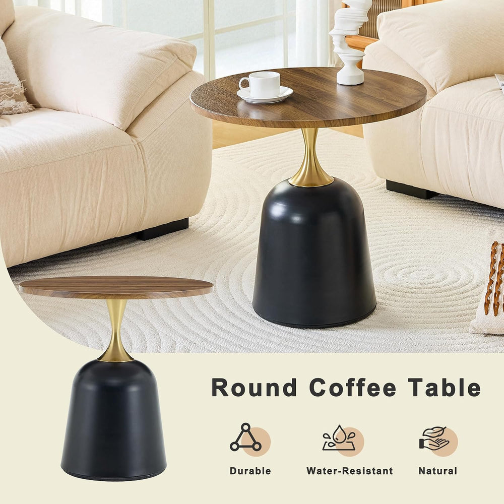 Round Side Table with Walnut Wood Grain Top, Black Metal Base with Gold Accen...