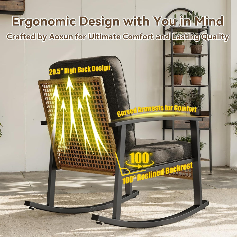 Aoxun 3 Piece Outdoor Rocking Chairs Bistro Set, Rattan Patio Furniture with ...