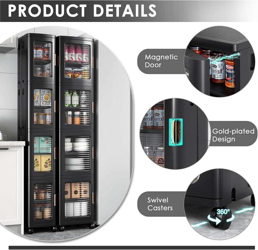 VECELO 4-Tier Tall Narrow Storage Cabinet with Movable Wheels, Adjustable Shelves, Anti-Tip, Slim, for Small Space, Bathroom, Kitchen, Laundry, Black