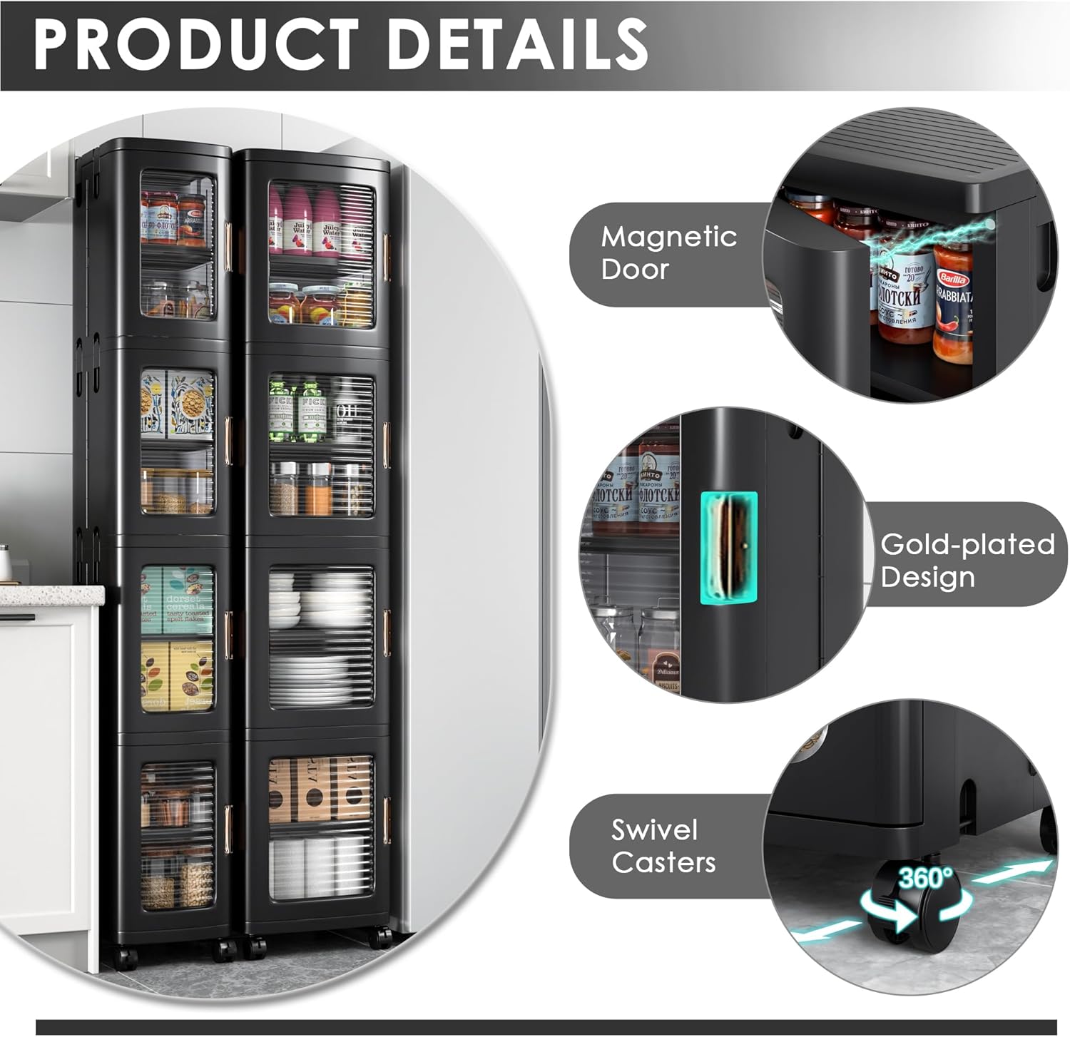 VECELO 4-Tier Tall Narrow Storage Cabinet with Movable Wheels, Adjustable Shelves, Anti-Tip, Slim, for Small Space, Bathroom, Kitchen, Laundry, Black