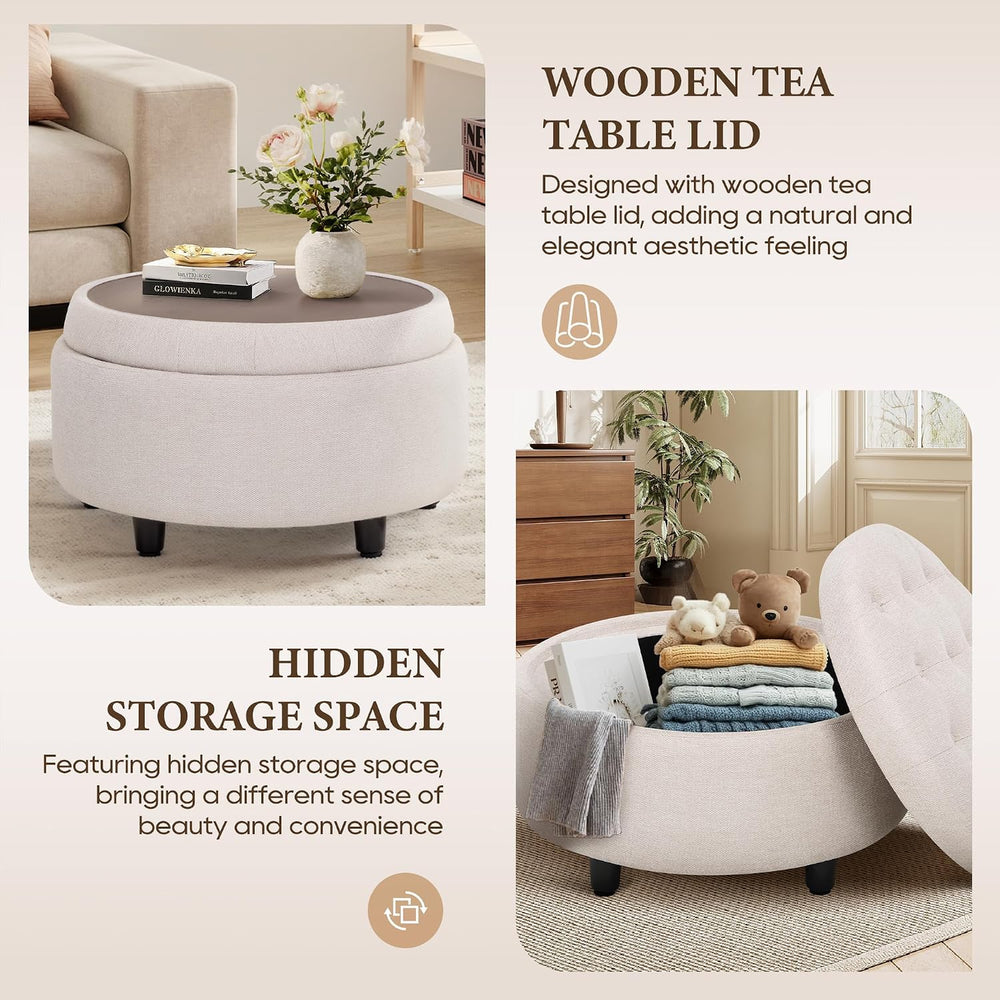 COLAMY Fabric Round Storage Ottoman with Reversible Tray Lid – Multi-Function...