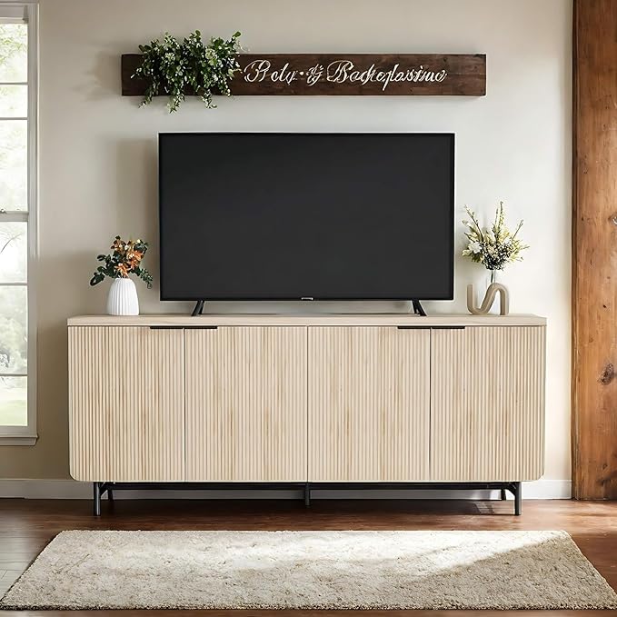 Fluted TV Stand with Led Light, Oak 68" Entertainment Center with Storage, Television Stands for 55/60/65/70/75 inch TV, Mid Century TV Console, Media Console, Sideboard Cabinet for Bedroom