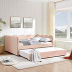 KEIKI Full Size Upholstery Daybed with Trundle and USB, Full to King Design Adorable Wave Shaped Extendable Linen Sofa Bed, Easy Assembly, No Box Spring Required, for Living Room and Bedroom, Pink