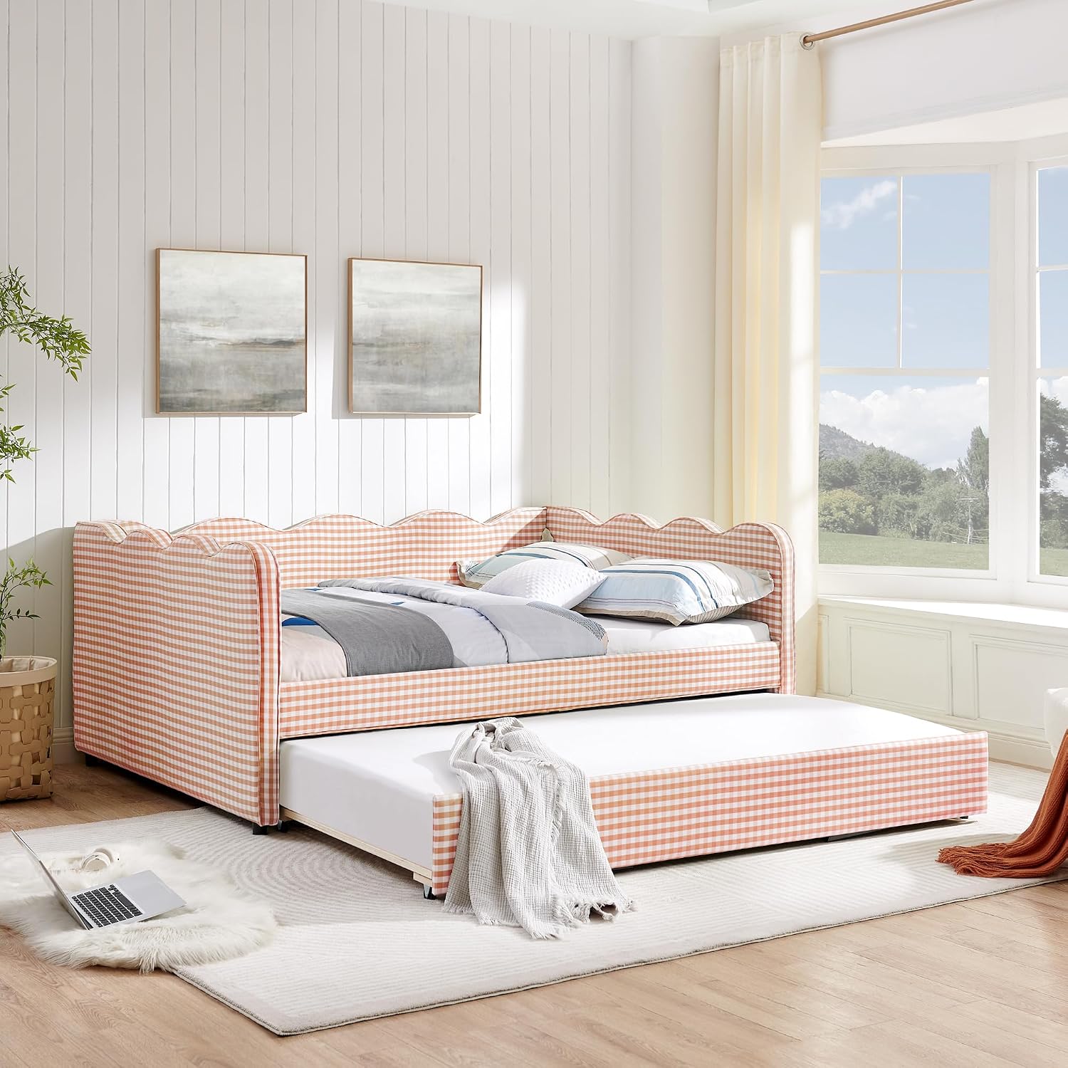 KEIKI Full Size Upholstery Daybed with Trundle and USB, Full to King Design Adorable Wave Shaped Extendable Linen Sofa Bed, Easy Assembly, No Box Spring Required, for Living Room and Bedroom, Pink