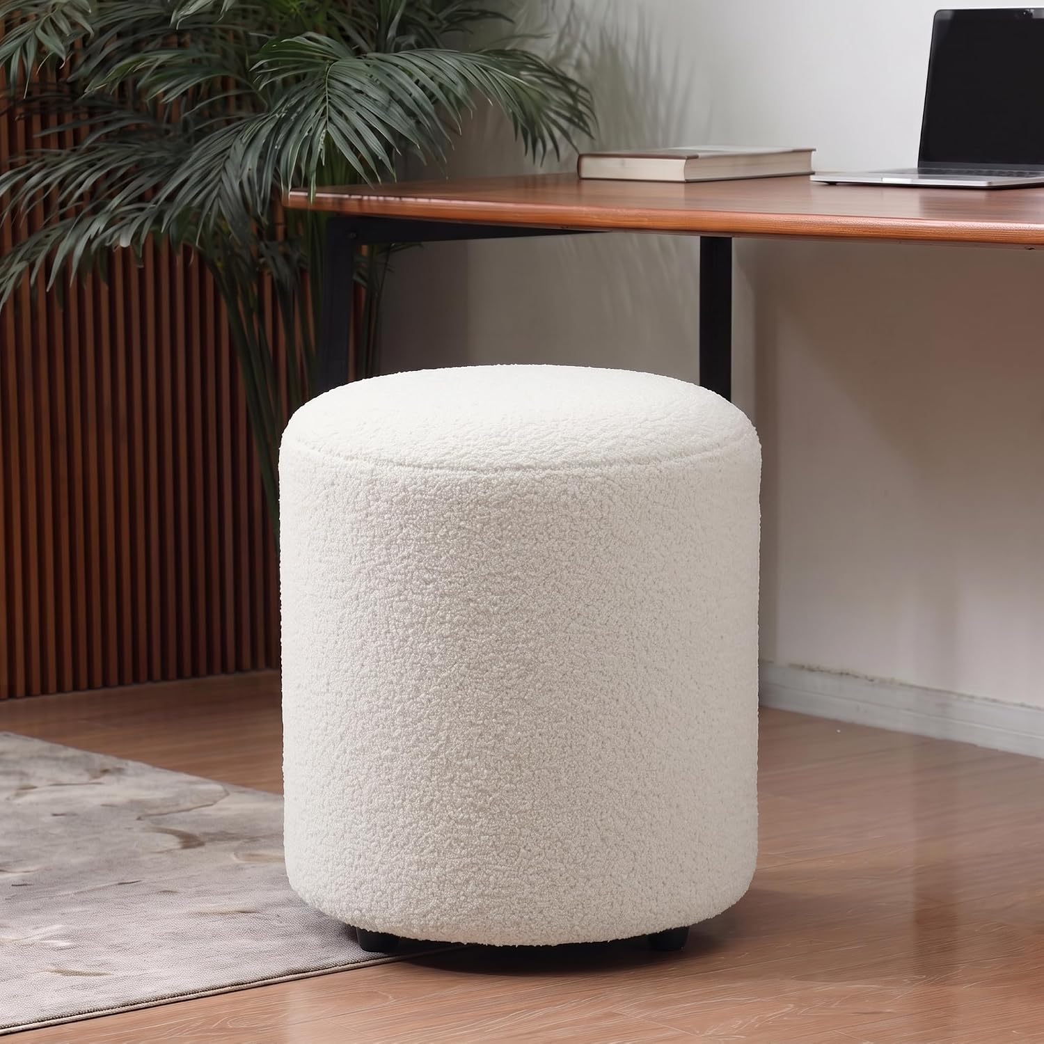 Modern Round Vanity Stool, Small Ottoman, Cute Fabric Foot Stool, Teddy Fleece Footrest, Upholstered Vanity Chair, Stool for Makeup, Bedroom, Living Room (1, Round-White)