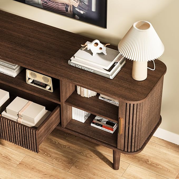 Fluted TV Stand, 55 Inch Mid Century Modern Media Console Table with Sliding Tambour Door Farmhouse Sideboard Buffet Cabinet Fits TVs up to 75 inch, Wood Entertainment Center for Living Room