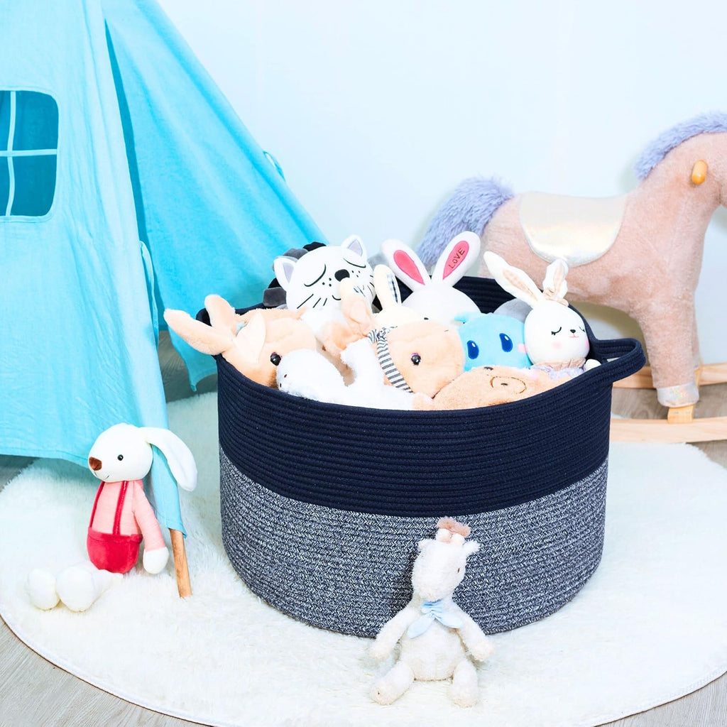 MINTWOOD Design Extra Large 22 x 14 Inches Decorative Woven Cotton Rope Blanket Storage Basket Bin Living Room with Handles and Laundry Hamper for Pillows, Pool Towels, Dog Toys, Shoes, Navy Blue