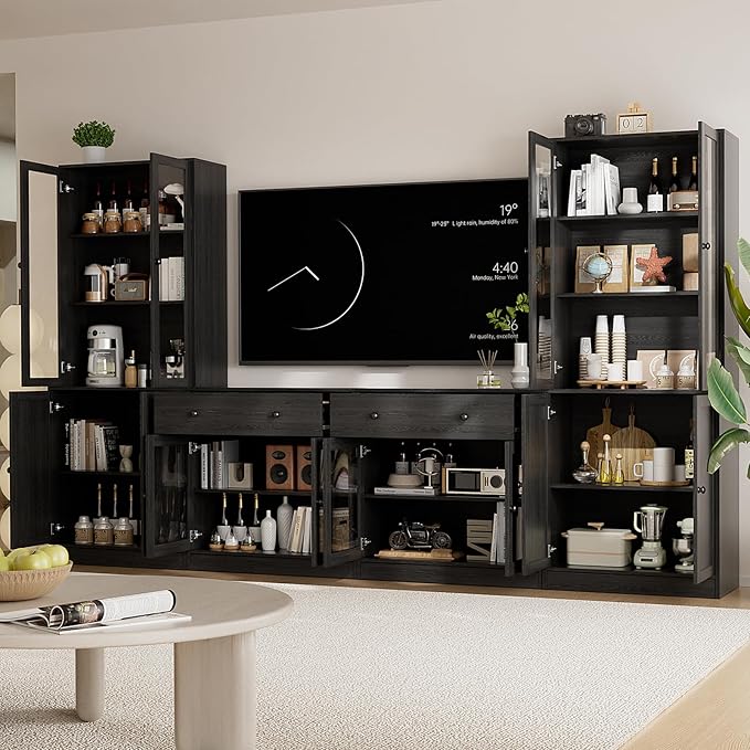 TUSY 71" TV Stand Storage Set - 2 Tall Bookcases & 2 Side Cabinets, Media Console with Glass & Wood Doors, Entertainment Center with Drawers, Tall Media Console for Living Room (Black, AFFA)