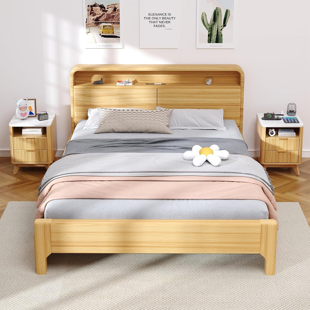 Nightstand with Charging Station, Fluted Nightstand with LED Lights, Modern Rustic Side Table with 2 Storage Drawers, Wooden End Table for Bedroom, Natural Oak 2pcs