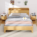 Nightstand with Charging Station, Fluted Nightstand with LED Lights, Modern Rustic Side Table with 2 Storage Drawers, Wooden End Table for Bedroom, Natural Oak 2pcs