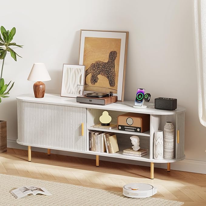 DHH 63 Inch Mid Century Modern TV Stand with Power Outlet for TVs up to 70 Inch, Entertainment Center with Storage and Adjustable Shelves, Media Console with Sliding Doors for Living Room(White)