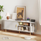 DHH 63 Inch Mid Century Modern TV Stand with Power Outlet for TVs up to 70 Inch, Entertainment Center with Storage and Adjustable Shelves, Media Console with Sliding Doors for Living Room(White)