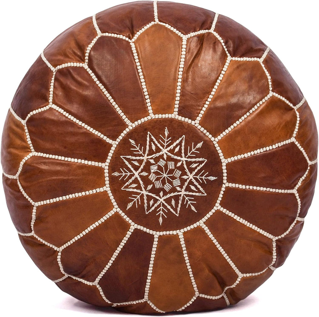 Moroccan Leather Handmade Pouf Ottoman Cover, Unstuffed Foot Stool, Round Boho Footrest for Living Room, Bedroom, Home Decor Gift (Dark Tan By White)