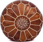 Moroccan Leather Handmade Pouf Ottoman Cover, Unstuffed Foot Stool, Round Boho Footrest for Living Room, Bedroom, Home Decor Gift (Dark Tan By White)