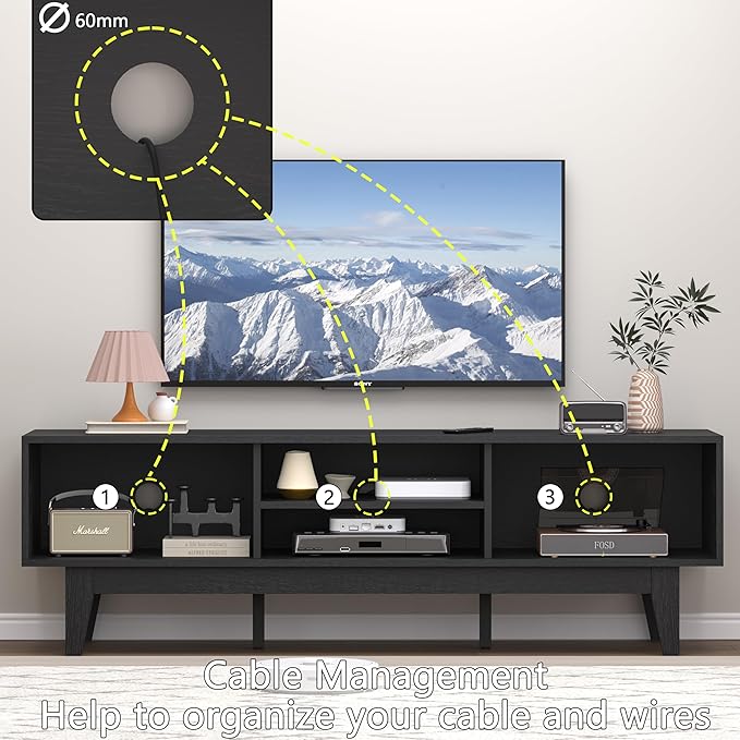 Boho TV Stand for 55 65 Inch TV, Rattan Entertainment Center with Shelves, Cabinets and Sliding Doors, TV Media Console Table with Solid Wood Feet & Cord Holes for Living Room, Bedroom, Black