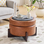 26Inch Round Storage Ottoman, Modern Faux Leather Ottoman Coffee Table with Removable Top, Upholstered Ottoman with Storage, Footrest Stool for Living Room, Bedroom (Light Brown)