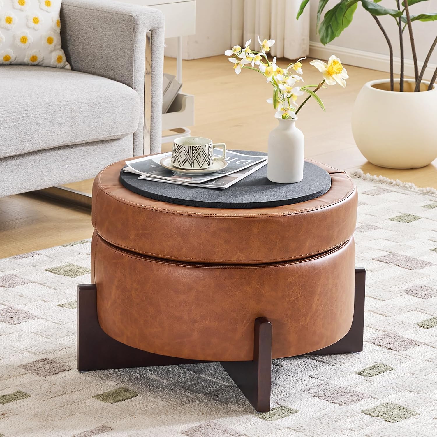 26Inch Round Storage Ottoman, Modern Faux Leather Ottoman Coffee Table with Removable Top, Upholstered Ottoman with Storage, Footrest Stool for Living Room, Bedroom (Light Brown)