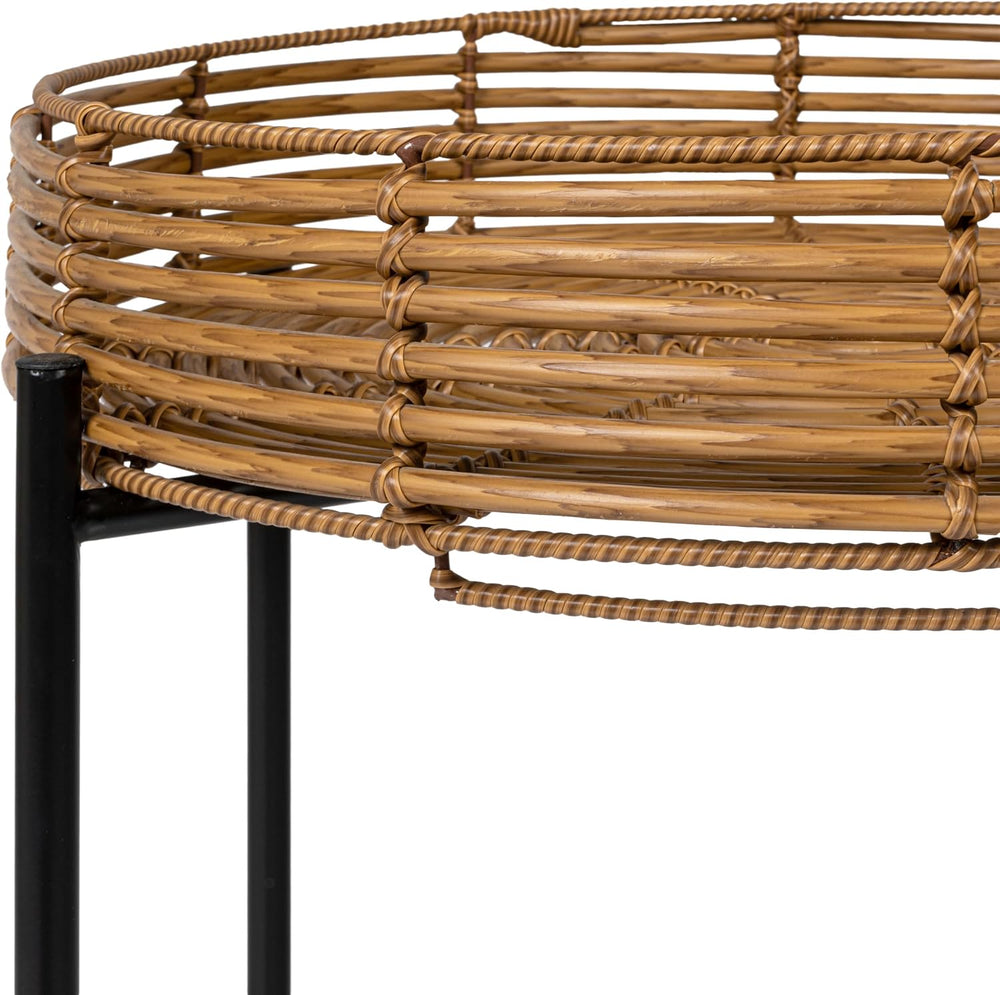 JONATHAN Y Malia 23" Round Faux Rattan Tray Top End Table, Bohemian Wove...