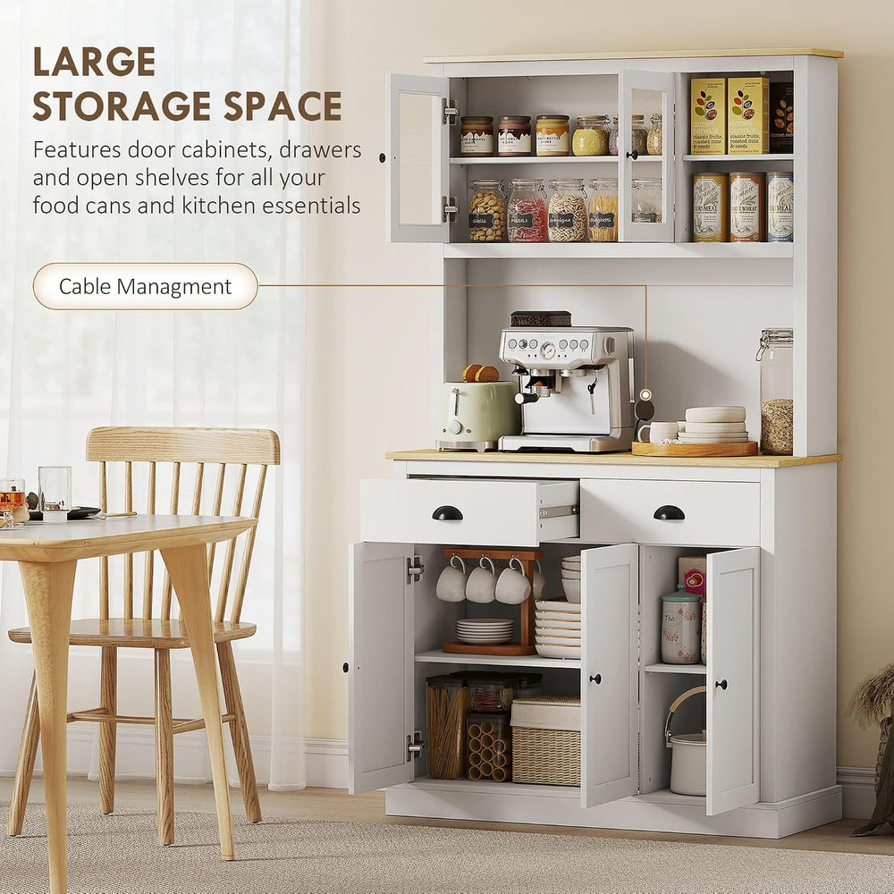 Modern Freestanding Pantry Cabinet 71in H x 39.25in W: White Finish, Warm Oak...