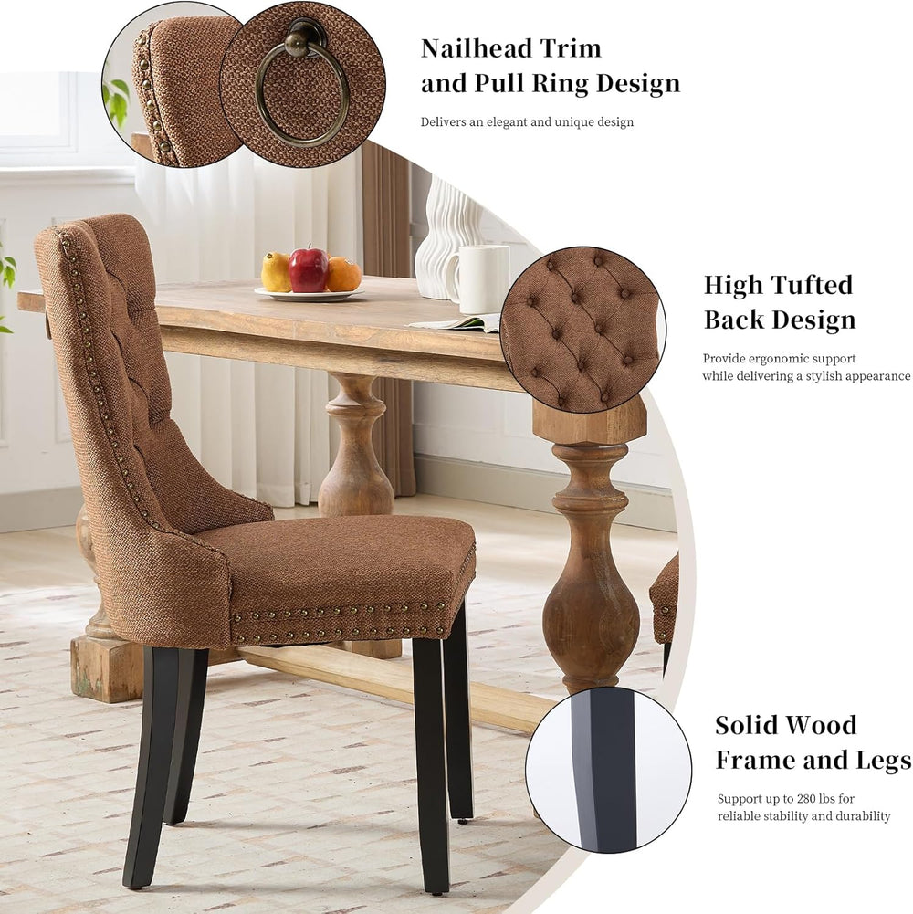 Linen Upholstered Dining Chairs Set of 6, Espresso Brown Mid Century Modern D...