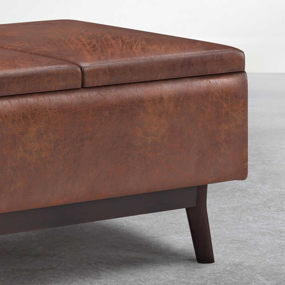 SIMPLIHOME Owen 34" Vegan Leather Storage Ottoman in Distressed Pecan Brown