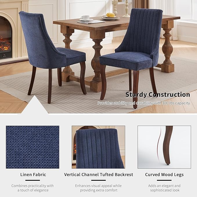 Navy Mid Century Dining Chairs Set of 4, Modern Kitchen & Dining Room Chairs Set of 4, Linen Upholstered Kitchen Chair, Sillas de Comedor, Wood Legs (Blue, 4 Pcs)