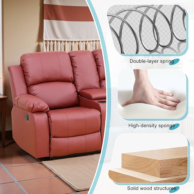 Recliner Sofa Set Couches for Living Room Chair Semi PU Fabric Living Room Furniture Sets, Adjusted Loveseat Reclining Couch Furniture Sofa Set for Theater Seating, Red