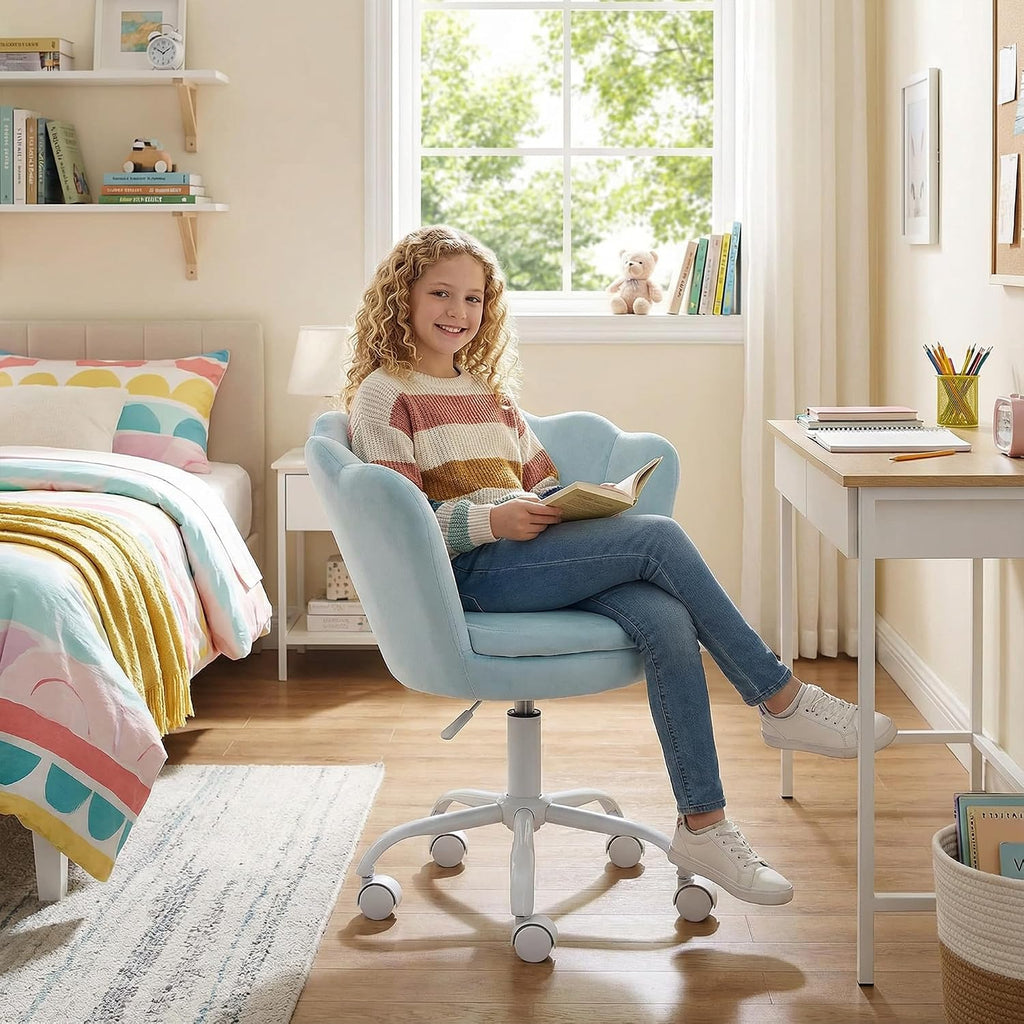 chairus Cute Kids Desk Chair Velvet Living Room Accent Armchair Upholstered Teens Vanity Chair with Seashell Back, Adjustable Swivel Children Study Chair for Computer Homework, Blue