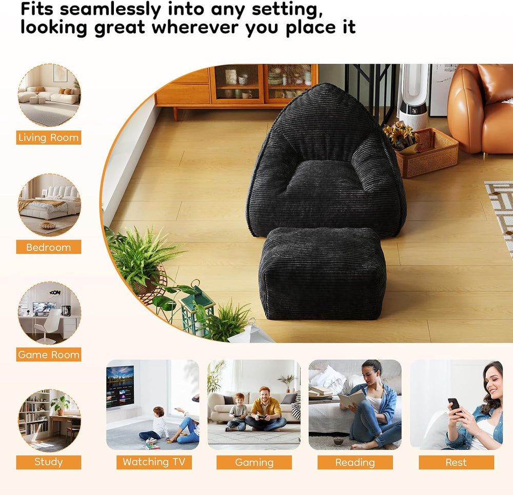 Cloud Large Bean Bag Chair with Ottoman, Corduroy Fabric+35D Memory Foam Big ...