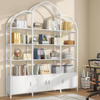 Triple Wide 5 Tier Tall Arched Bookshelf and Bookcase with 3 Cabinets, Industrial Metal Etagere Open Bookshelf, Wood Standing Book Shelf with Black Metal Frame for Bedroom Living Room