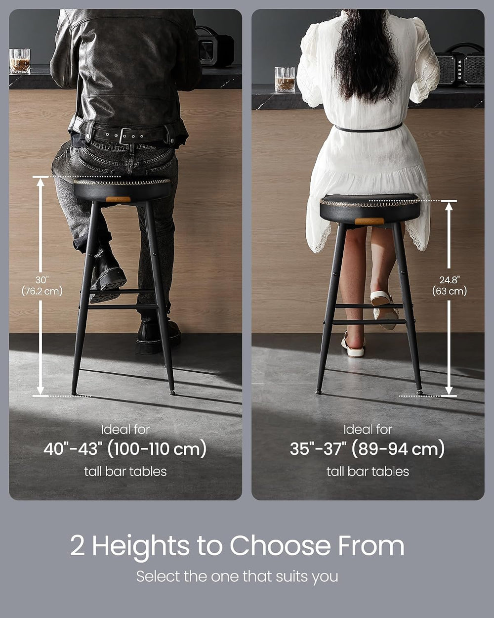 VASAGLE Bar Stools Set of 2, Kitchen Counter Stools, 24.8-Inch Tall