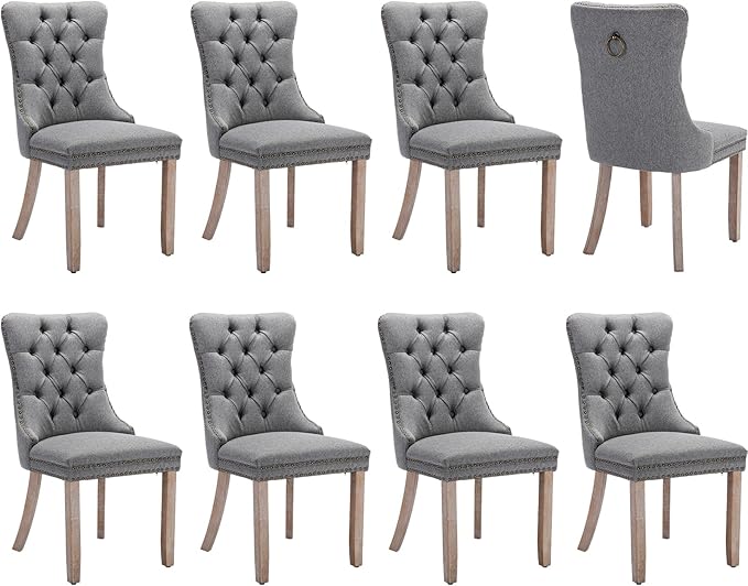 Modern Dining Chairs Set of 8, Tufted Upholstered Dining Chairs with Solid Wood Legs, Grey Linen Fabric Kitchen Chair, Sillas de Comedor, Comfy Kitchen Chair (Gray, Linen, 8Pcs)