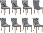 Modern Dining Chairs Set of 8, Tufted Upholstered Dining Chairs with Solid Wood Legs, Grey Linen Fabric Kitchen Chair, Sillas de Comedor, Comfy Kitchen Chair (Gray, Linen, 8Pcs)