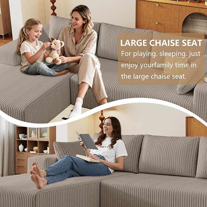 96" Modular Sectional Couch, Boneless L Shaped Cloud Sofa with Chaise Lounge, Corduroy Upholstered Couches Memory Foam Deep Seat, No Assembly Required, Ideal for Living Room(Camel, Left Facing)
