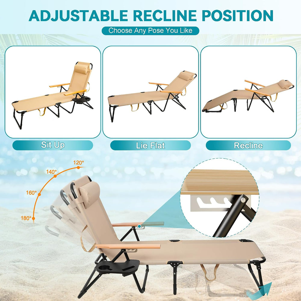 Beach Lounge Chair, Folding Outdoor Chaise Lounge Chair with Arms, 4-Position...