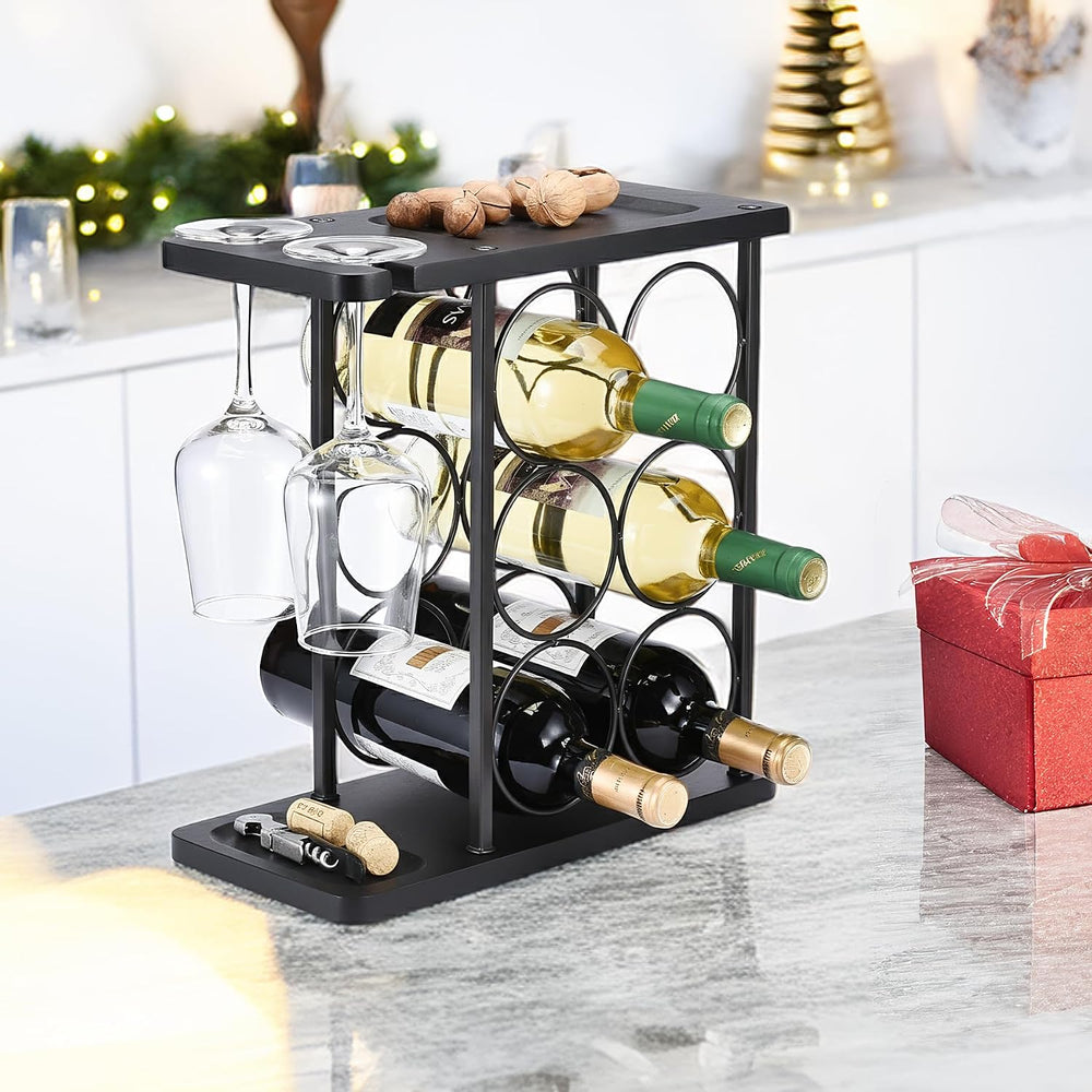 ALLCENER Modern Wine Rack Countertop, Matte Black 6 Bottle Wine Rack with Gla...