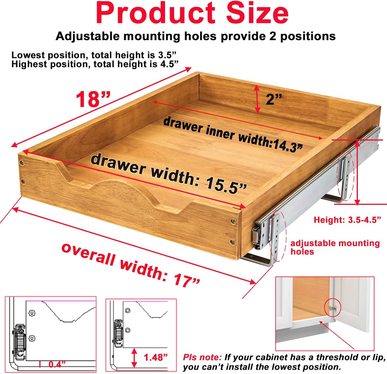 DINDON Pull Out Cabinet Organizer (17" W x 18" D) 1 Tier，Single Tier Oak Wood Under Cabinet Slide Out Shelf Drawer Box…