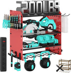 4 Layer Heavy Duty Power Tool Organizer Wall Mount with Charging Station, Adjustable Metal Storage Rack, 6 Outlets Power Strip, Drill Holders, Hooks & Drill Bit Rack for Garage, Workshop, Red