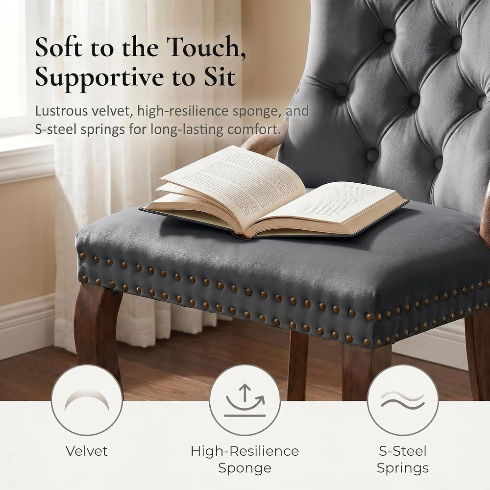 High Back Dining Chairs Set of 2 Vintage Velvet Upholstered Solidwood (Gray)